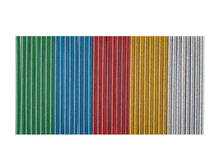 Bâtonnets pailletés de différentes couleurs, telles que le vert, le bleu, le rouge, l'or et l'argent.