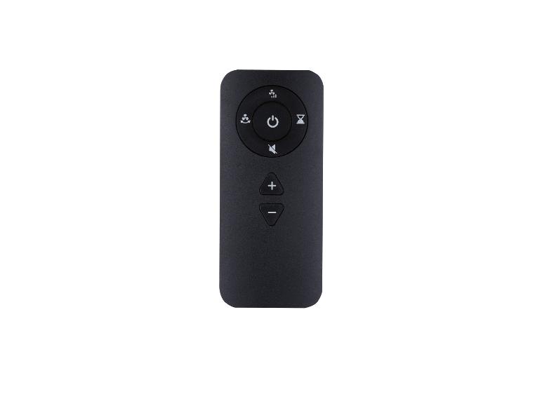 Télécommande noire avec boutons d'alimentation, minuterie et volume.