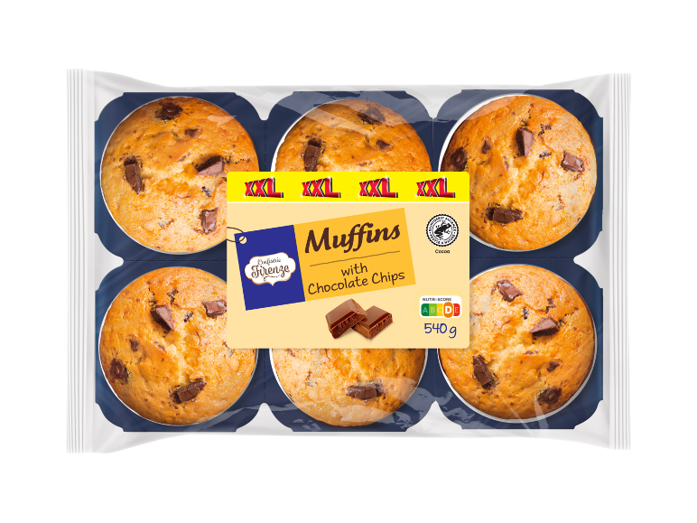 Un paquet de six muffins XXL aux pépites de chocolat, avec un Nutri-Score D et 540g.