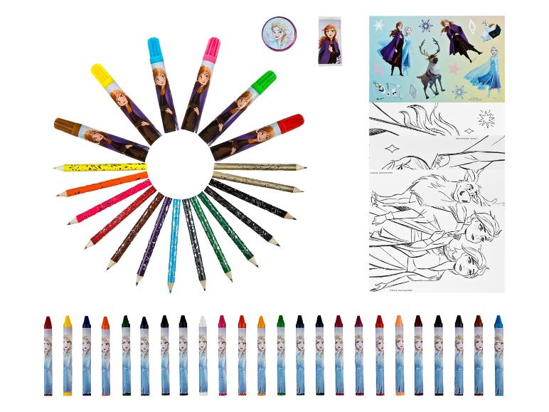 Ensemble de coloriage La Reine des Neiges avec feutres, crayons de couleur, crayons de cire et autocollants.
