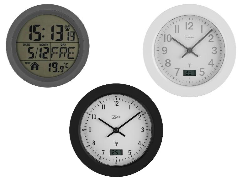 Trois horloges rondes : une horloge numérique avec température et date, et deux horloges analogiques avec affichage de la température, une blanche et une noire.