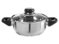 Une casserole en acier inoxydable avec un couvercle en verre.