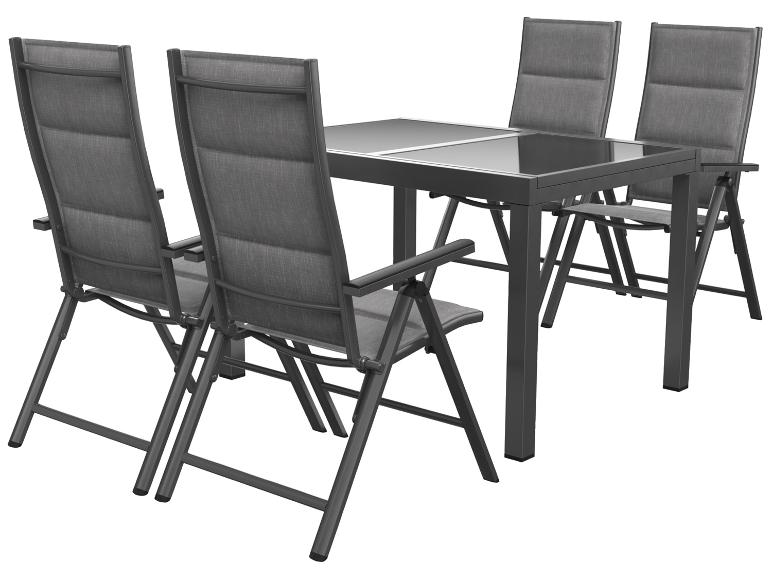 Ensemble de mobilier de jardin: table grise avec quatre chaises pliantes.