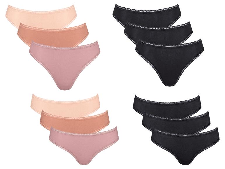 Des strings noirs et couleur peau avec de la dentelle.