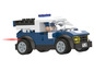 Une voiture de police bleue en Lego avec un policier au volant.