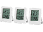 Trois thermomètres-hygromètres numériques blancs, affichant 27,5°C et 56% d'humidité