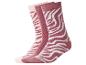 Trois paires de chaussettes imprimé zèbre dans les tons rose et bordeaux.