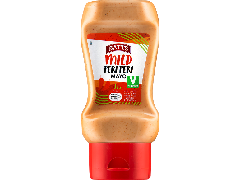 Sauce mayonnaise peri peri douce en bouteille, avec informations nutritionnelles et indication végétarienne.