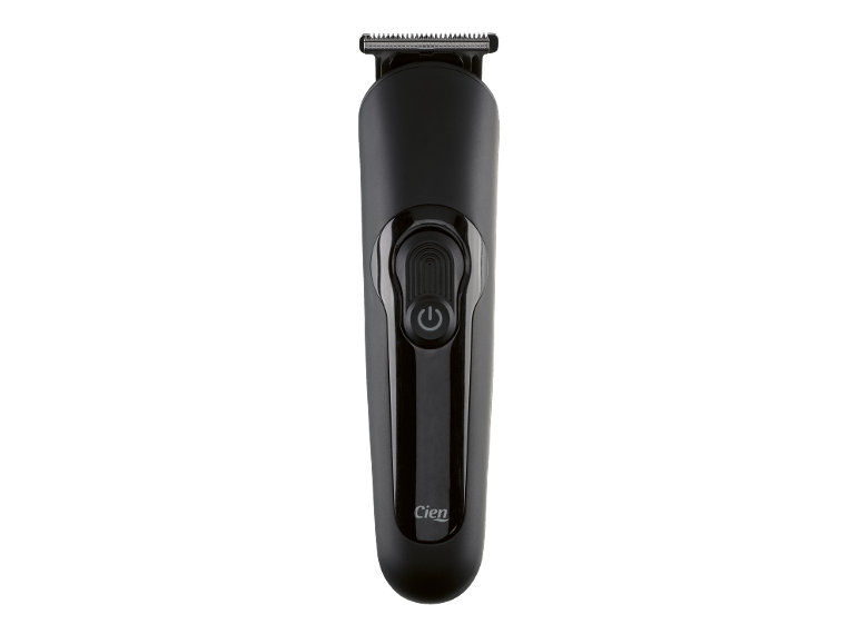 Tondeuse à cheveux et à barbe noire avec bouton d'alimentation et panneau noir brillant