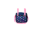 Sac de poussette de poupée bleu foncé avec étoiles roses et blanches, poignées et sangle roses.