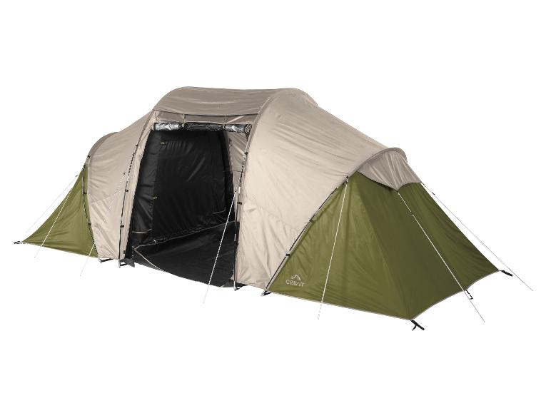 Grande tente familiale beige et vert olive avec une entrée ouverte.