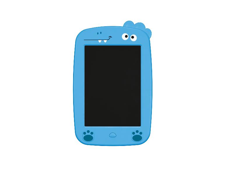 Tablette de dessin bleue pour enfants avec un motif de visage de monstre et des empreintes de pattes.