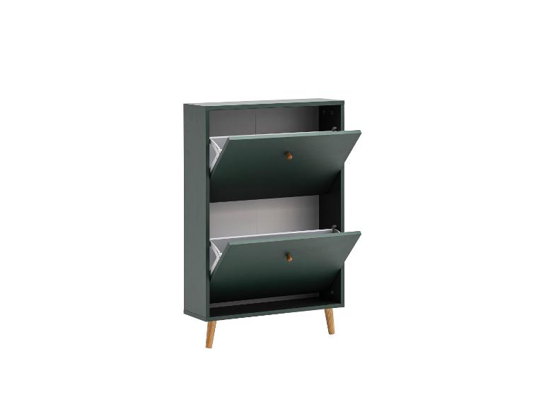 Meuble à chaussures vert avec deux portes basculantes et pieds en bois.