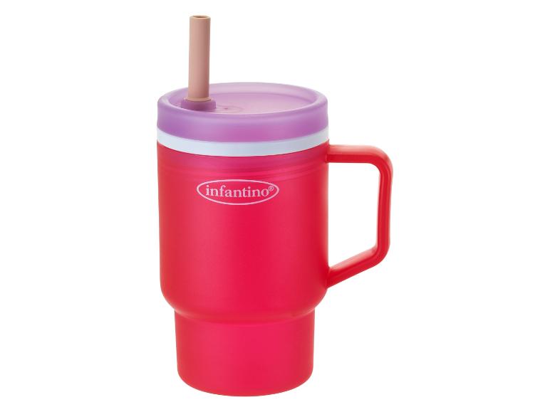 Mug enfant rouge avec anse, couvercle violet et paille beige