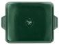 Plat de cuisson rectangulaire vert avec poignées et symboles de sécurité au fond