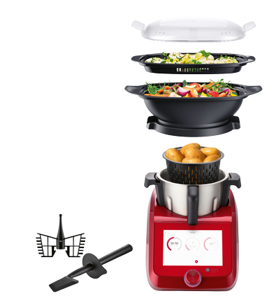 Robot culinaire multifonction avec paniers vapeur et accessoires.