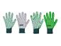 Quatre paires de gants de travail verts et gris avec des points verts.