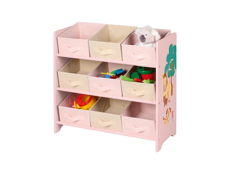 Étagère de rangement rose pour enfants avec bacs en tissu et jouets.