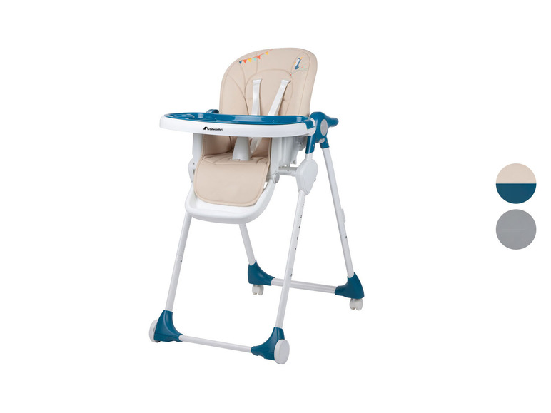 Une chaise haute Babycomfort bleue avec des roulettes.