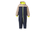 Combinaison de neige enfant bleu marine et beige avec fermeture éclair et doublure jaune fluo.