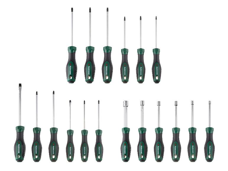 Ensemble de tournevis PARKSIDE avec divers types d'embouts et de clés à douille.