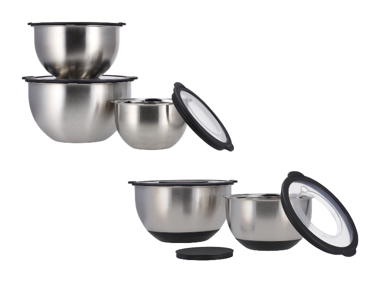 Ensemble de bols en acier inoxydable avec couvercles.