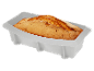 Pain de gâteau fraîchement cuit dans un moule en silicone gris.