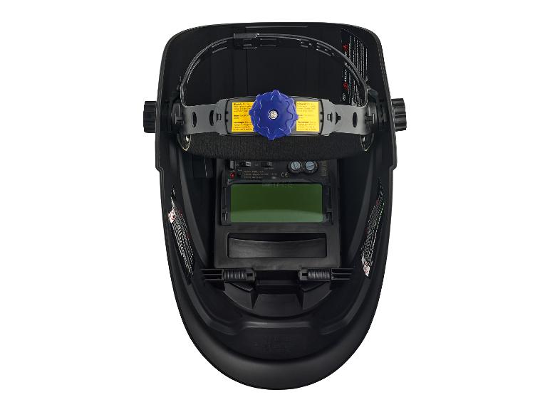 Masque de soudage noir avec bandeau réglable et écran vert.