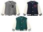 Trois vestes de baseball pour enfants en gris, bleu marine et vert avec des manches crème.