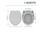 Deux abattants de toilettes gris avec des dimensions.