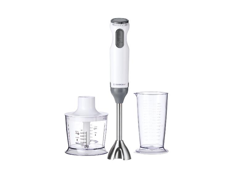 Mixeur plongeant blanc SILVERCREST avec hachoir et verre doseur.