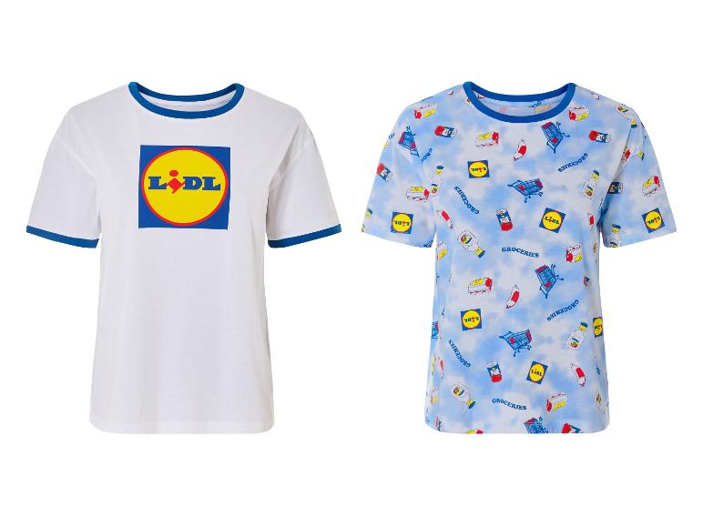 T-shirts Lidl : modèle blanc logo et modèle bleu clair imprimé épicerie.