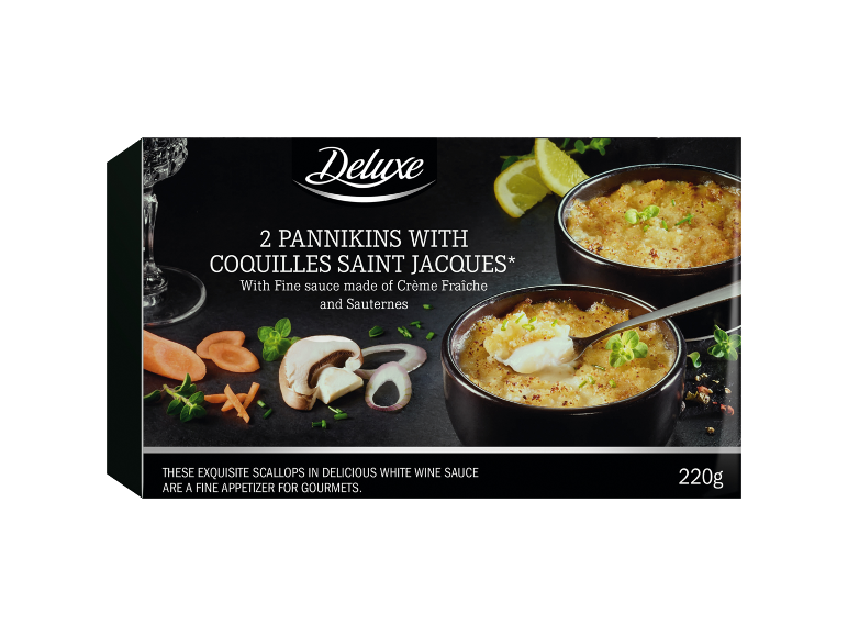 Emballage de 2 pannikins de coquilles Saint Jacques en sauce crème fraîche et Sauternes, 220g.