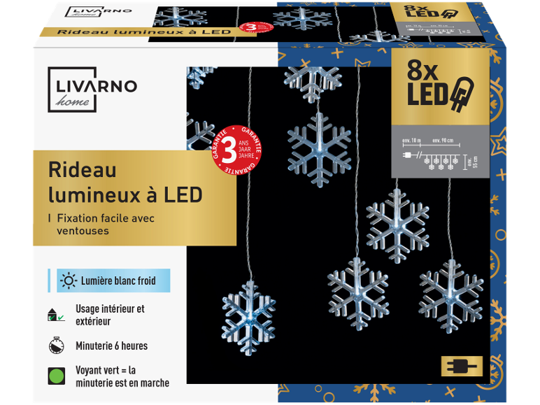 Rideau lumineux LED de Noël avec flocons de neige et minuterie.
