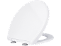 Abattant de toilettes blanc avec couvercle relevé et charnières métalliques.
