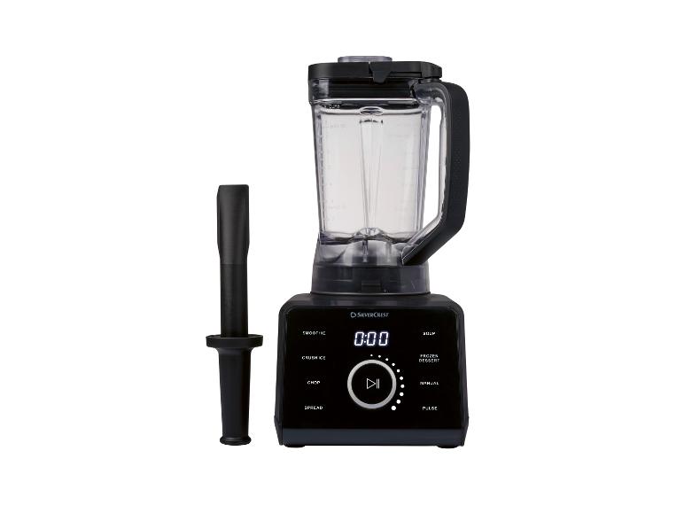 Mixeur noir avec pichet en verre et écran numérique, avec programmes pour smoothies et soupes.