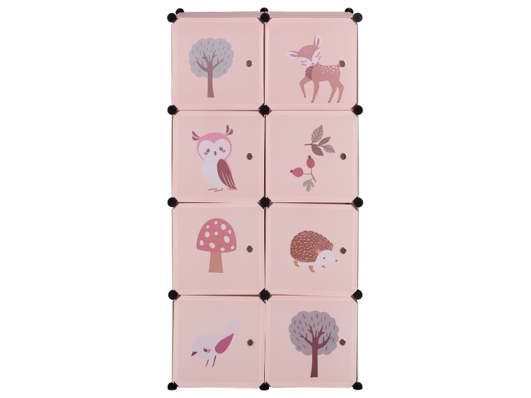 Armoire enfant rose avec illustrations d'animaux de la forêt et d'arbres