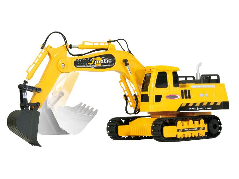 Pelle excavatrice jouet jaune Jamara J-matic avec godet et chenilles.