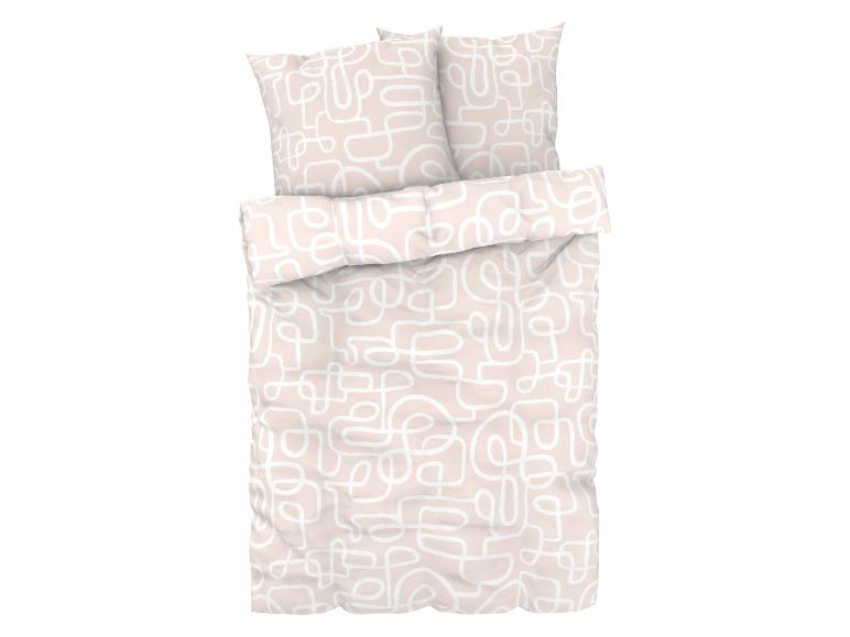 Housse de couette beige avec taies d'oreiller avec un motif géométrique abstrait blanc.