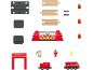 Ensemble de jouets sur le thème des pompiers avec rails en bois, véhicules et accessoires.