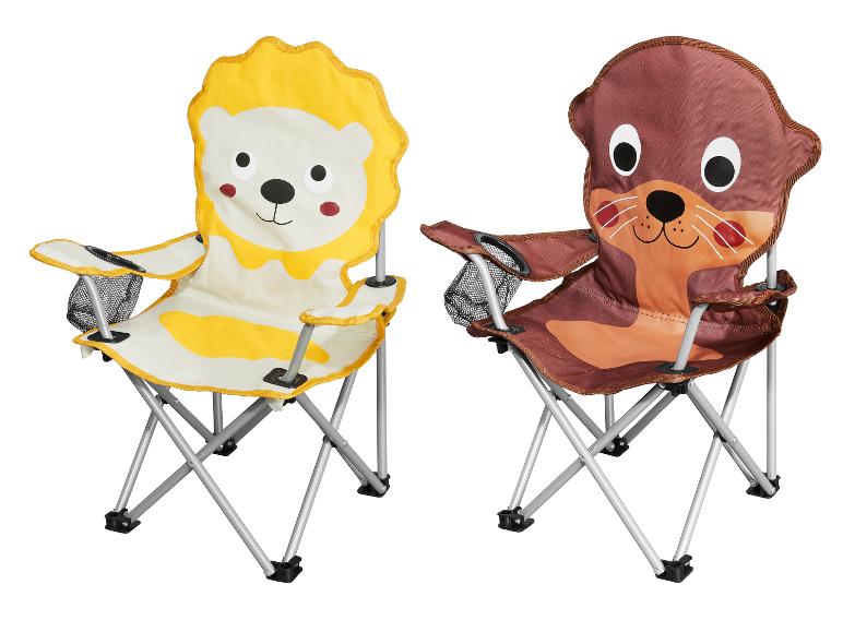 Deux chaises pliantes enfant, lion et loutre, style mignon.