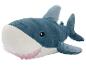 Requin en peluche gris-bleu avec des yeux noirs et une bouche rose clair avec des dents blanches.