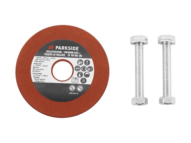 Disque à meuler PARKSIDE avec deux boulons, affichant les spécifications du produit et les icônes de sécurité.