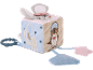 Cube d'activités en peluche avec lapin, phoque, arc-en-ciel et étoiles.
