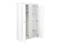 Armoire blanche avec deux portes ouvertes, étagères et tringle à vêtements.