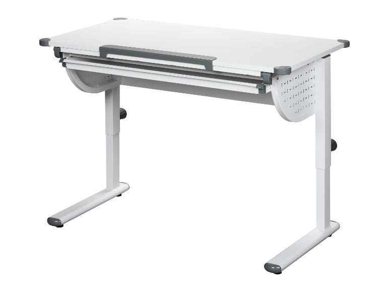 Bureau blanc ajustable avec tiroir intégré.