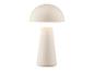 Une lampe de table blanche avec un abat-jour rond en forme de champignon.