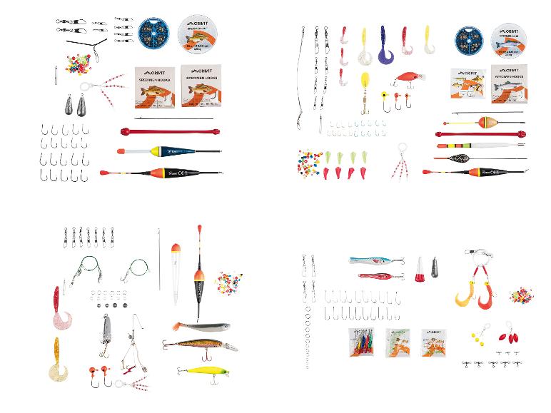 Kit de pêche avec hameçons, flotteurs, plombs, lignes et leurres artificiels.