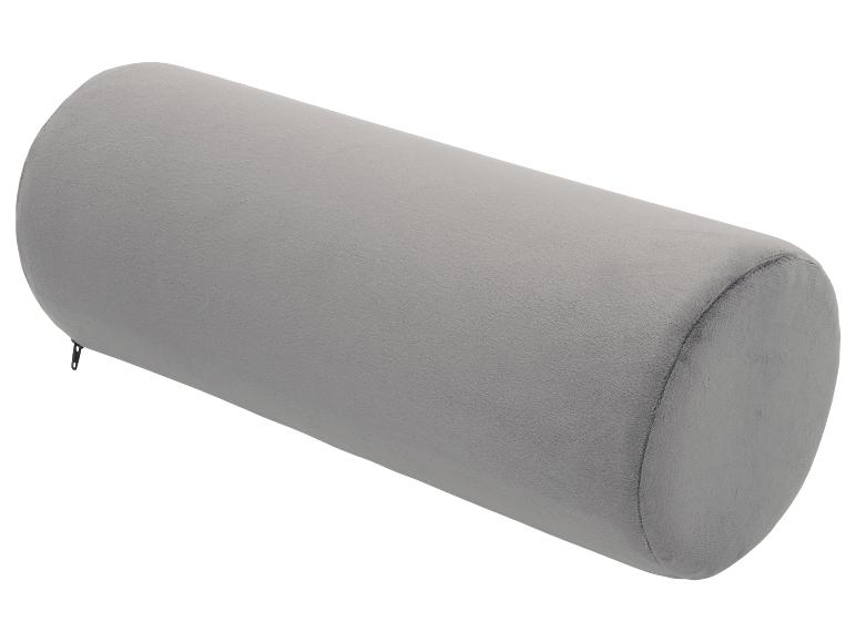 Coussin lombaire cylindrique gris avec fermeture éclair.