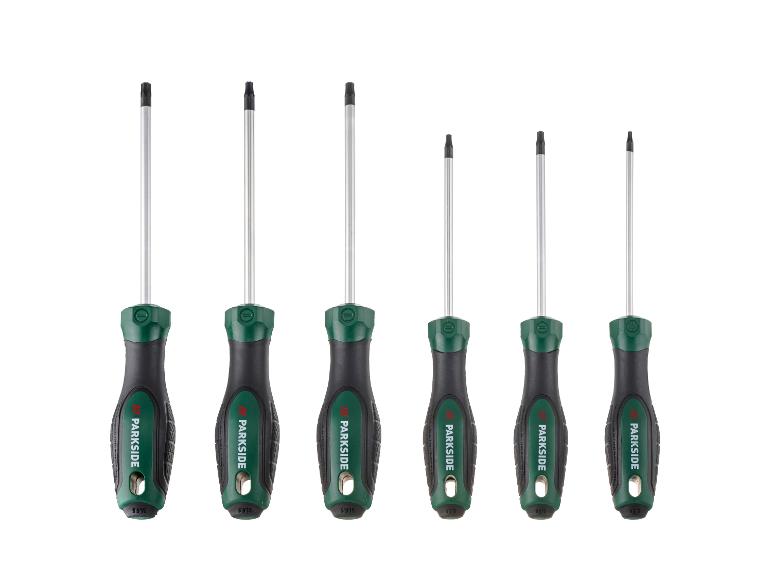 Ensemble de six tournevis PARKSIDE avec manches noirs et verts et embouts Torx assortis.